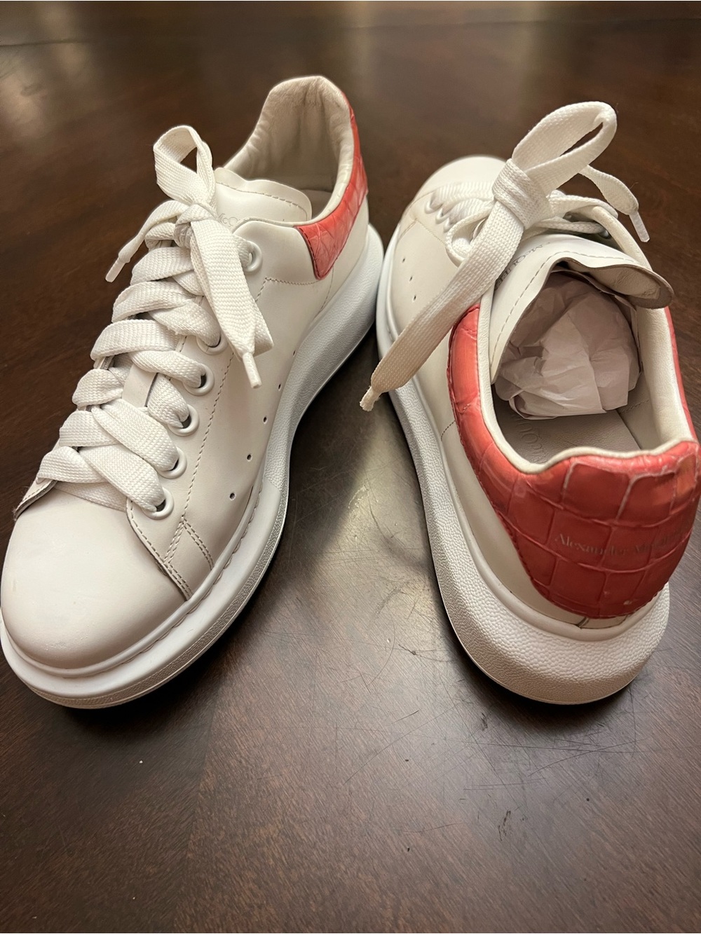 Alexander McQueen White Leather Sneakers with Coral Heel Tab